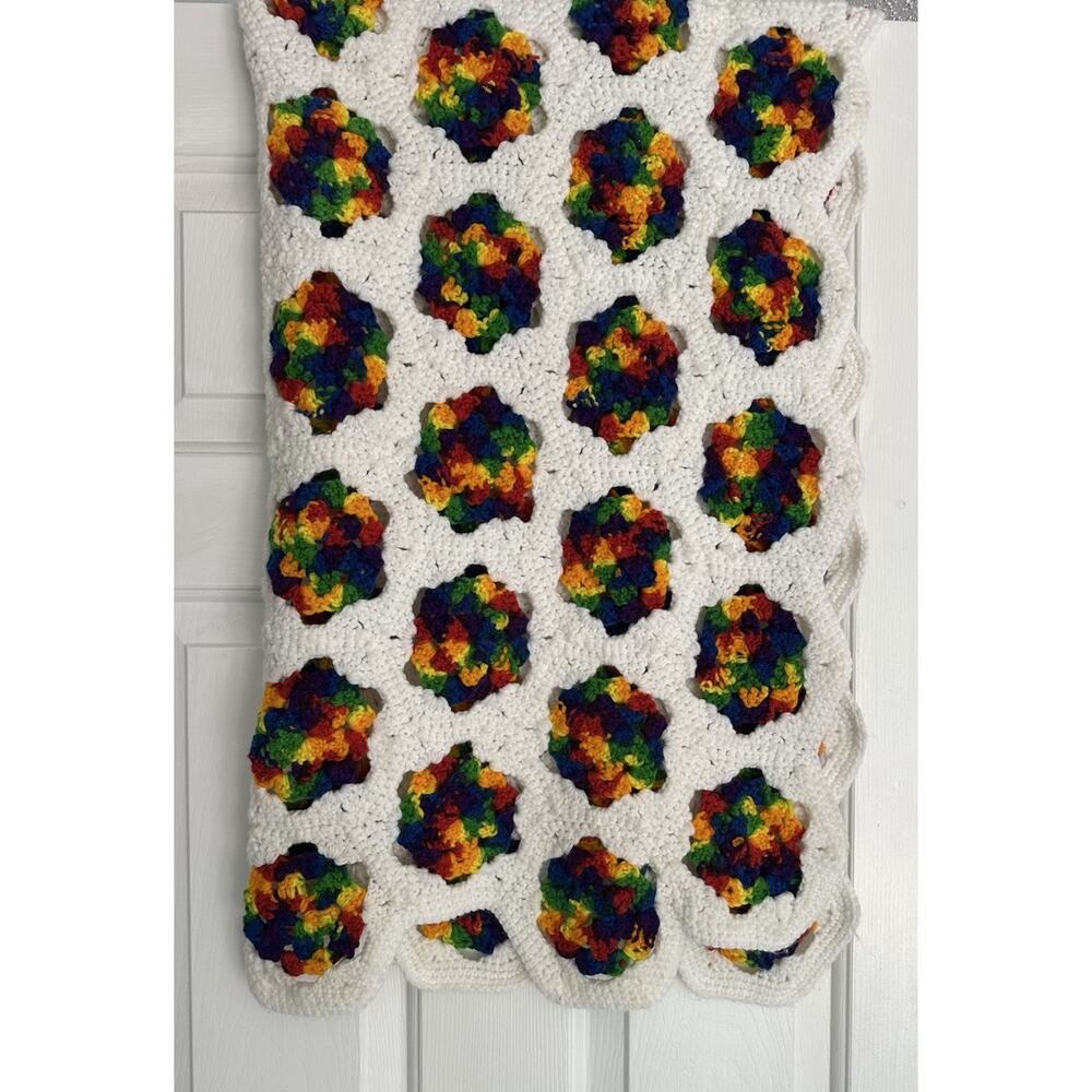 VTG Retro Rainbow Hand Crocheted Blanket Throw Granny Squares Puff Sunburst 70s